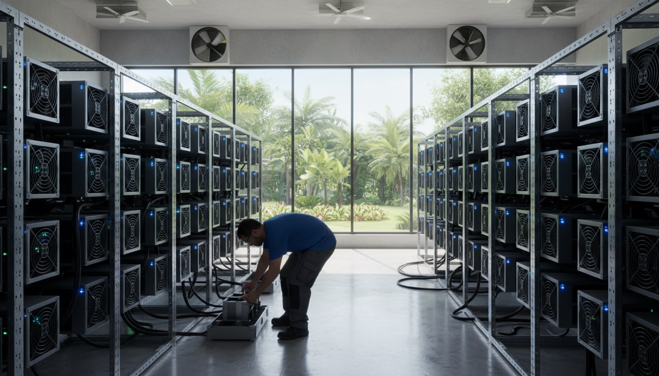 Inspecting a row of ASIC miners in a bright room, POOL BTC