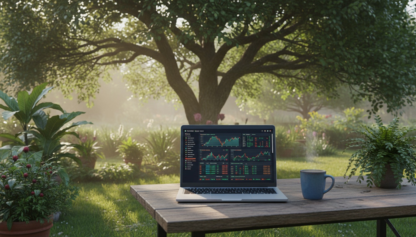 Mining pool dashboard on a laptop outdoors, POOL BTC