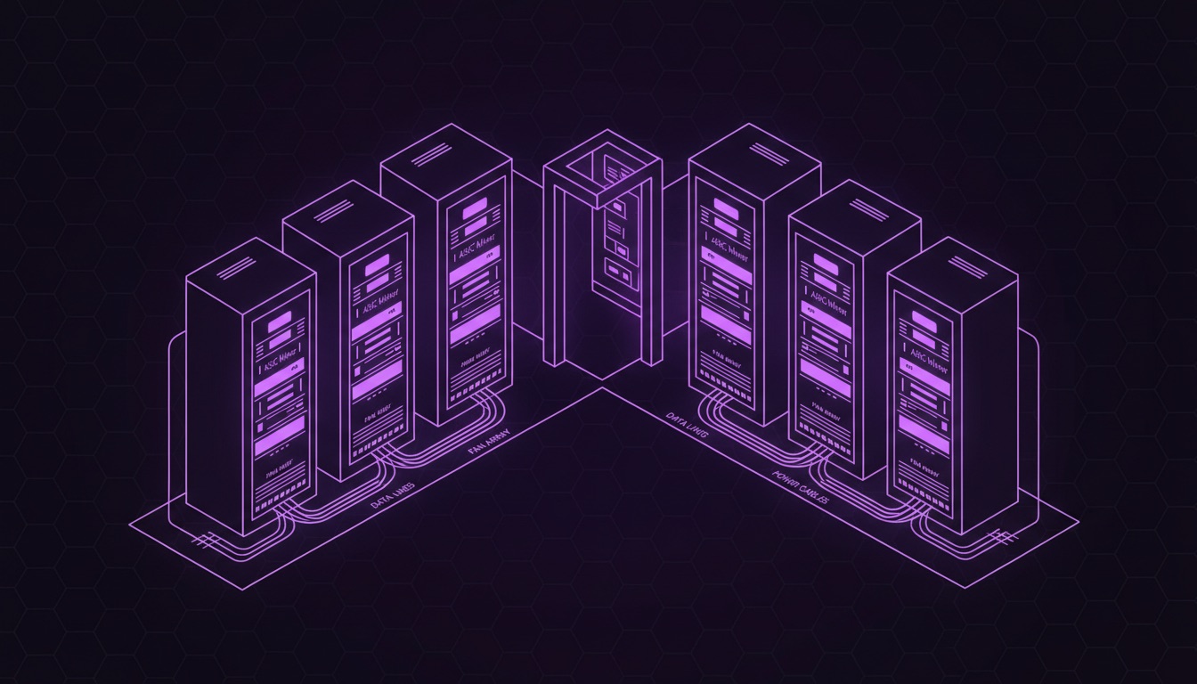 Filas de mineros en un centro de hosting, POOL BTC