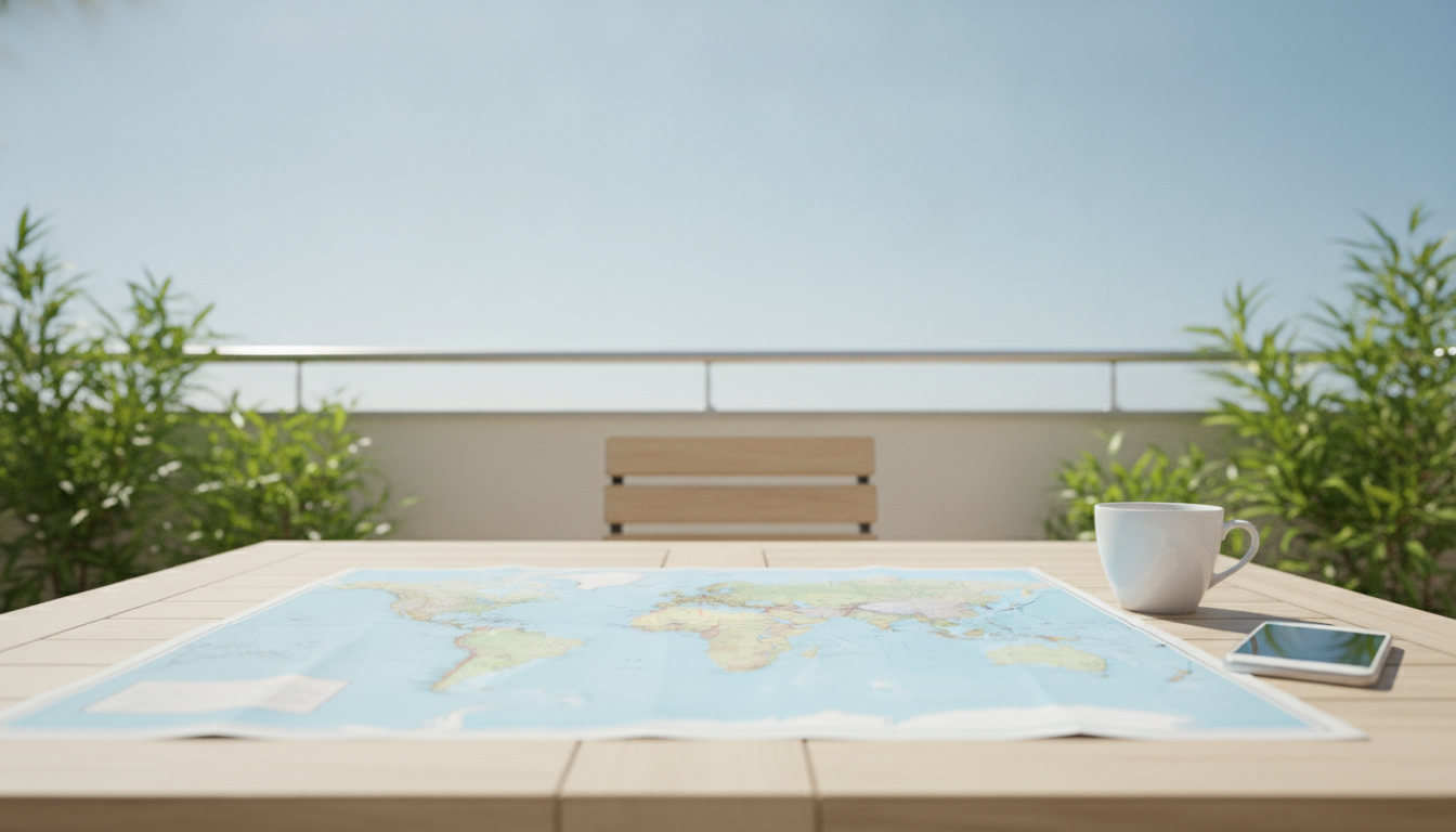 A paper world map on a light table on a sunny terrace