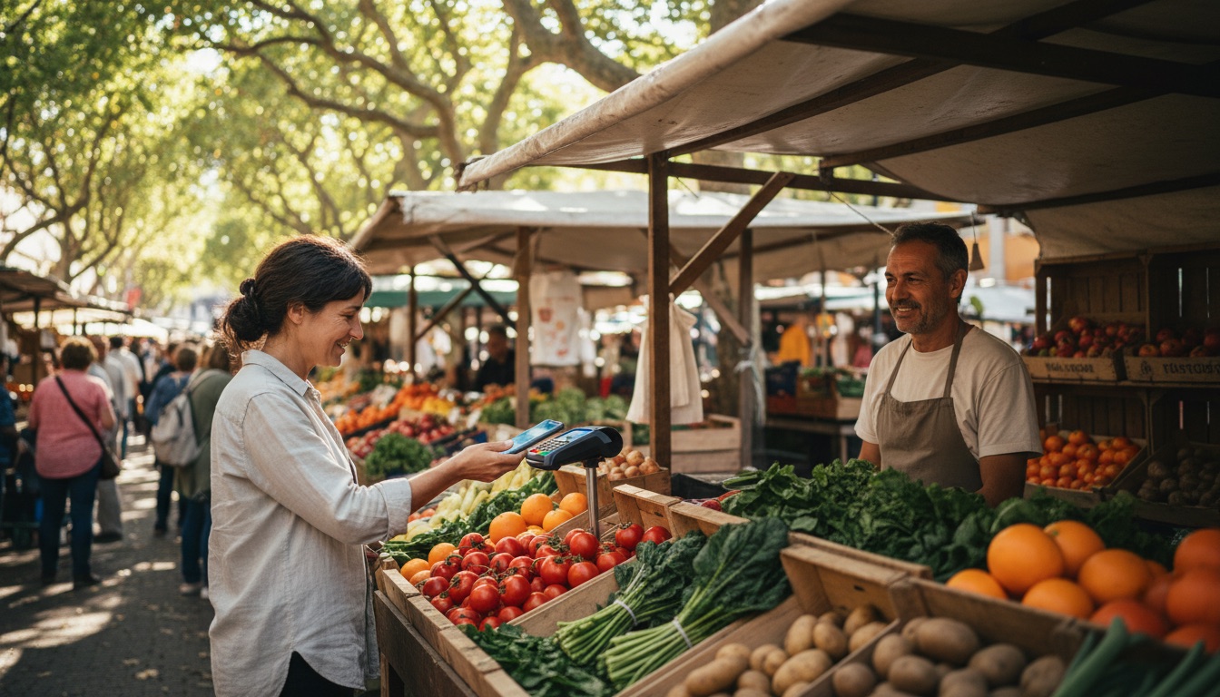 A shopper paying by card at an open-air market