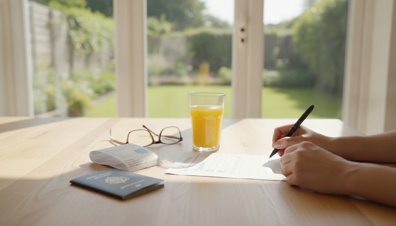 A passport, a utility bill and a checklist on a table by the window