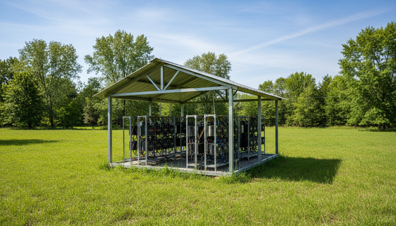 Rows of air-cooled ASIC miners under an open shed in a field
