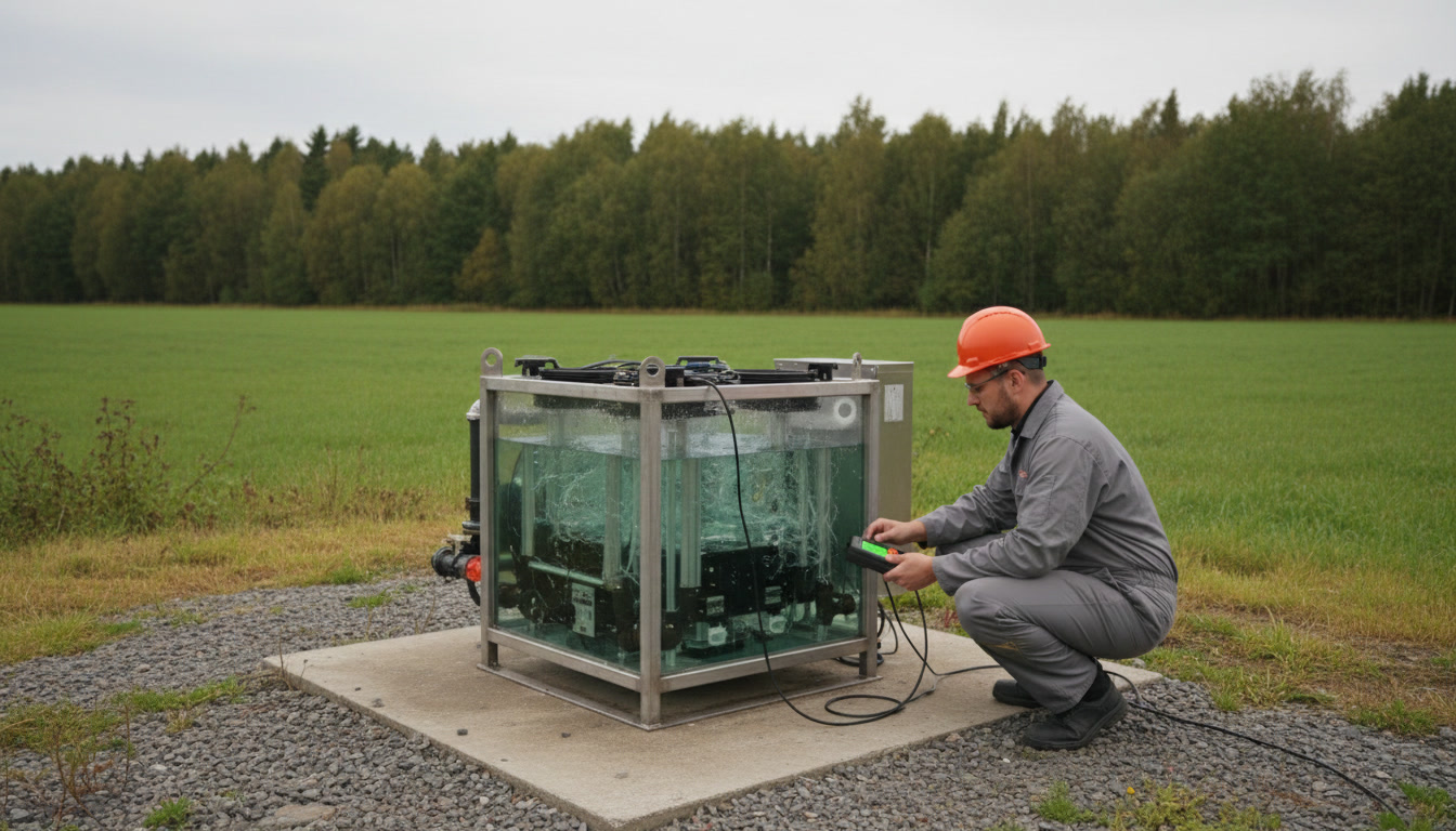 A person with a power meter beside an immersion tank on an outdoor pad