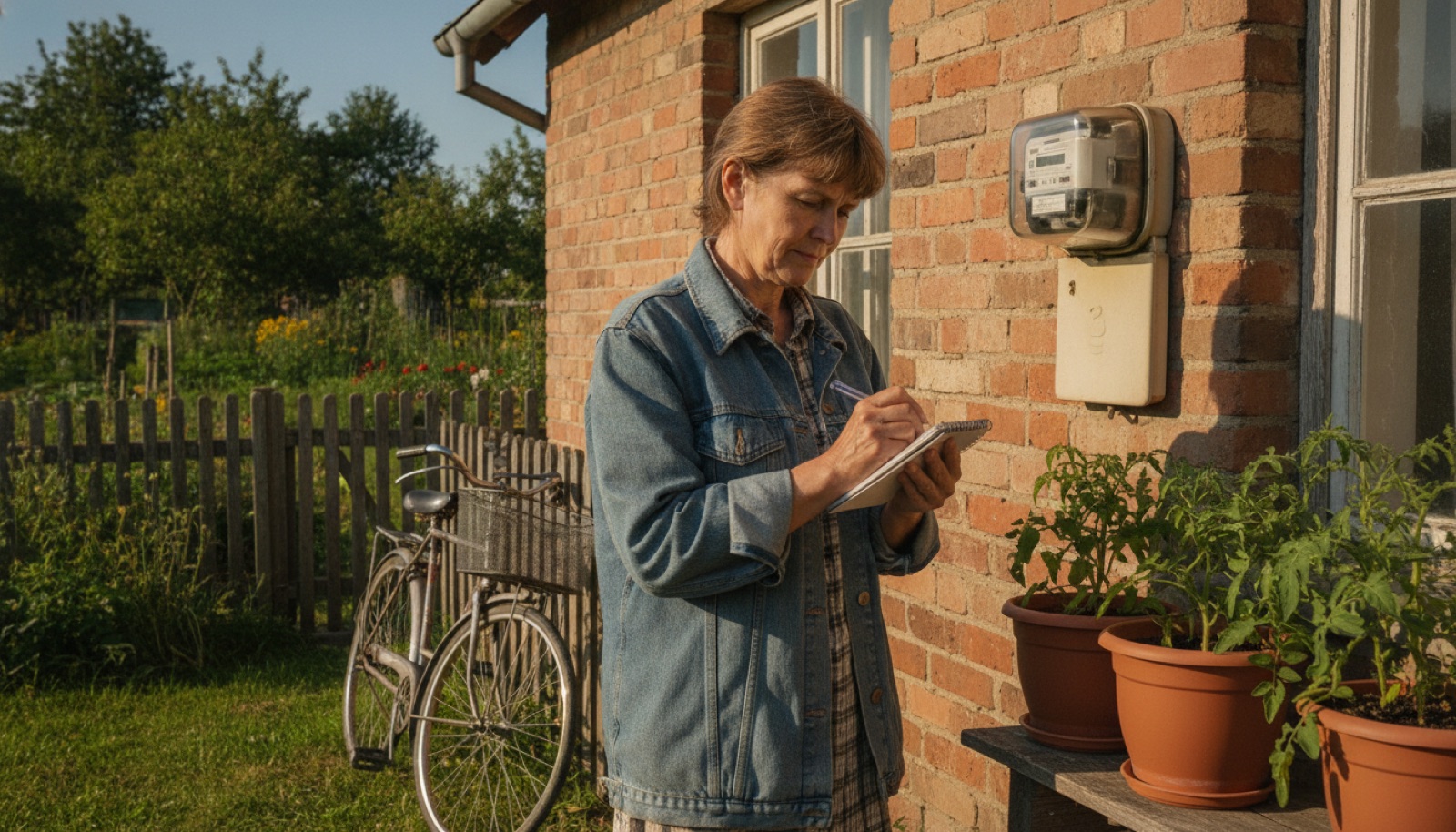 A woman by an electricity meter writing readings into a notebook