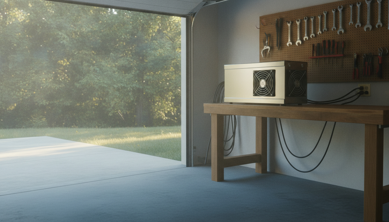 An ASIC on a wooden bench in a garage with the door open