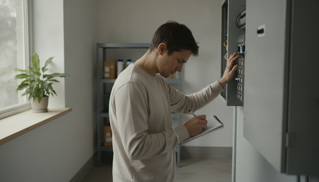 A person with a notebook beside an electrical panel in a bright room