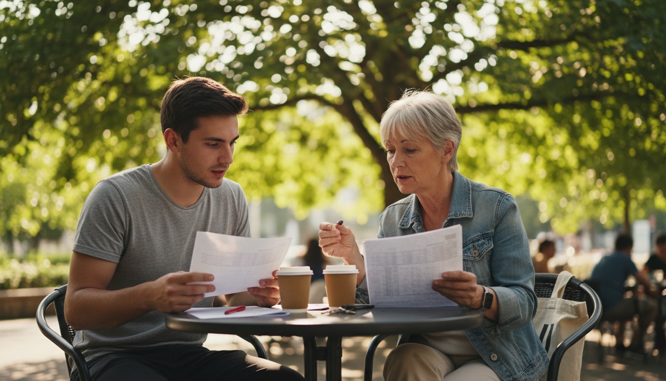 Two people at an outdoor table comparing two printed tables