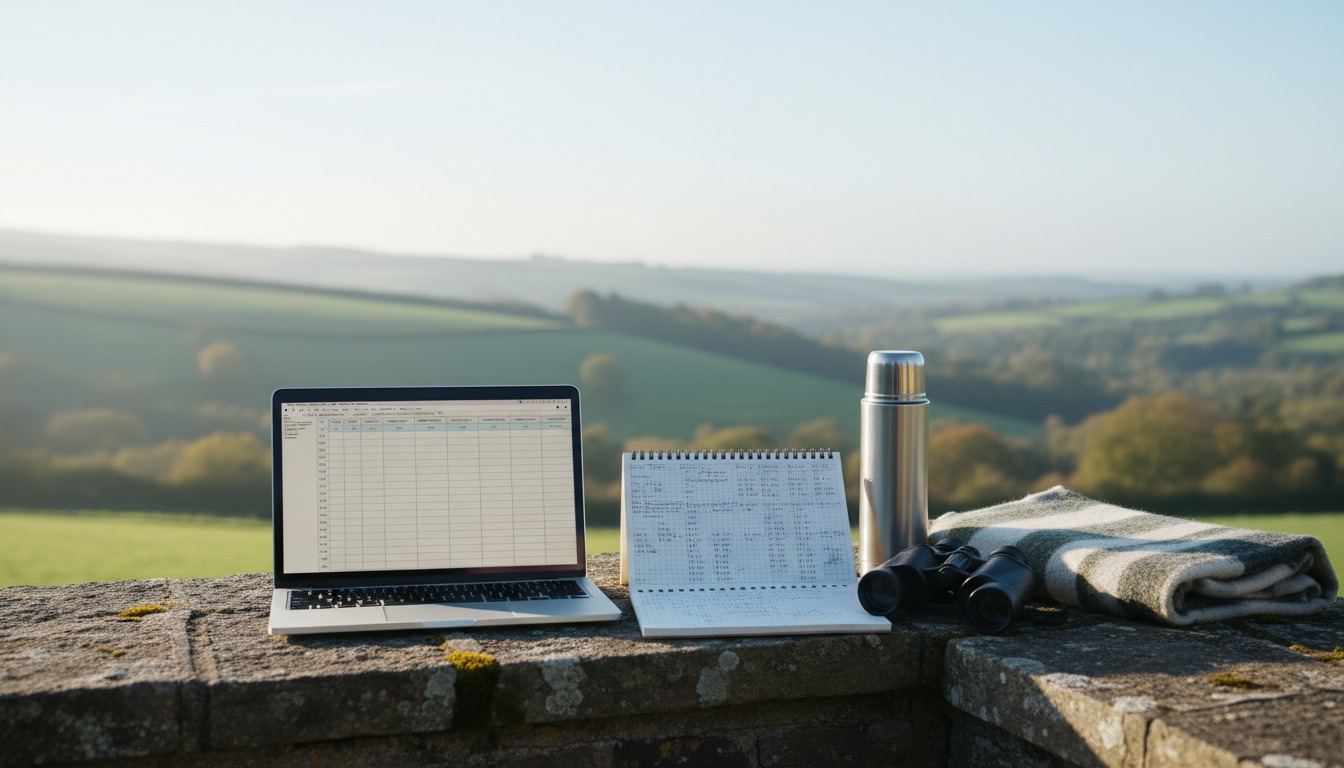 A laptop with a spreadsheet and a paper notebook on a stone terrace
