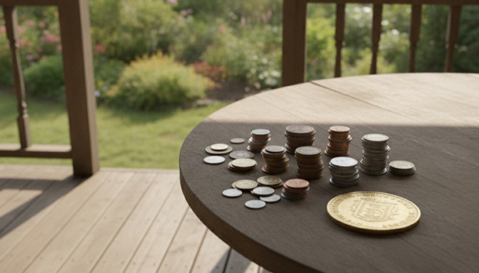Montones de monedas pequeñas junto a una moneda grande