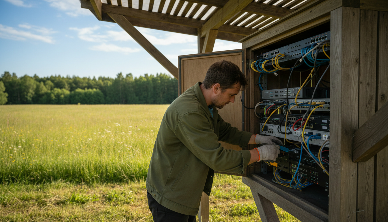 A person checking cables at an equipment rack under a shelter by a meadow