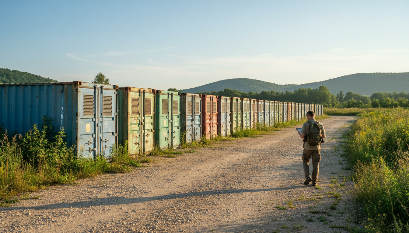 A row of containers on a gravel site among greenery, a person with a tablet