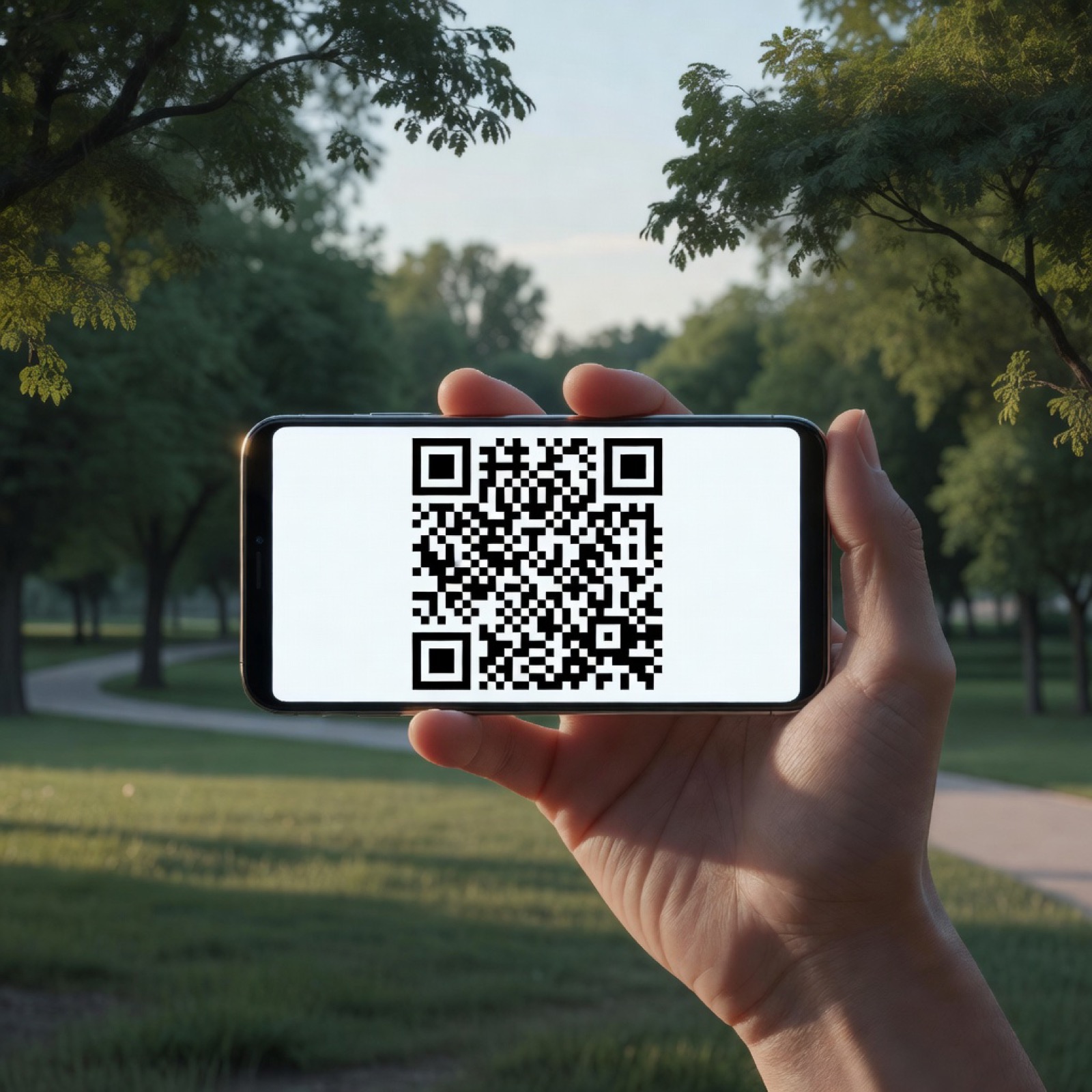 Ein Telefon zeigt einen QR-Code einer Lightning-Rechnung in einem Park
