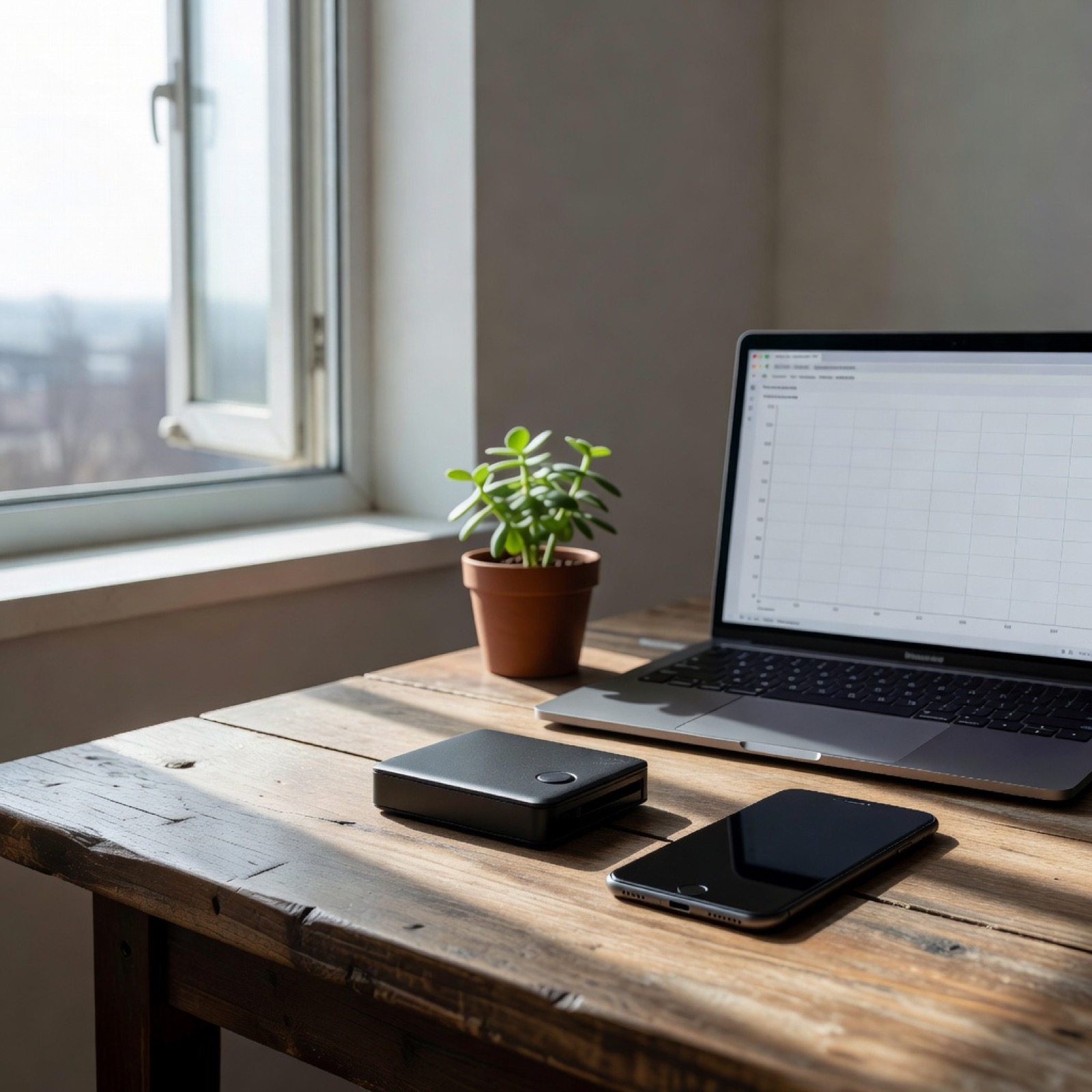Eine Hardware-Wallet, ein Telefon und ein Laptop auf einem Schreibtisch am Fenster