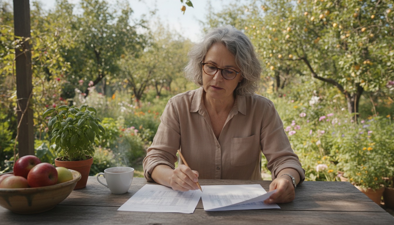 A woman on a garden veranda comparing two printed tables