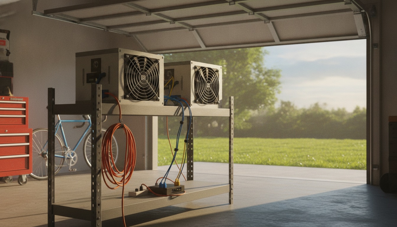 Two ASIC miners on a shelf in a garage with the door open