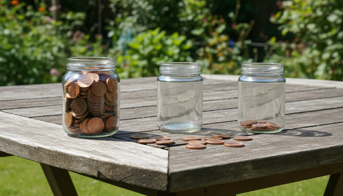 Three glass jars with coins on a garden table, one full and two nearly empty