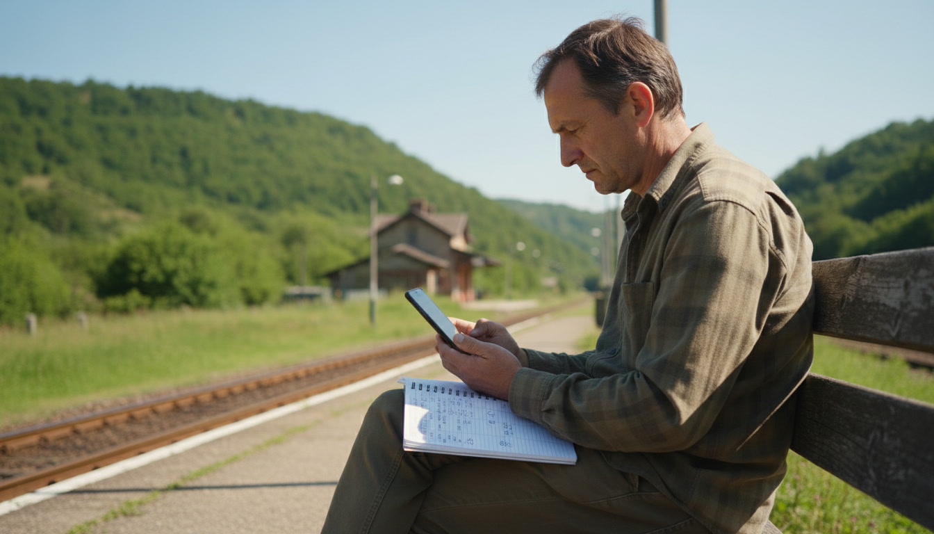 A person on a bench by a railway checks data on a phone against notes in a notebook
