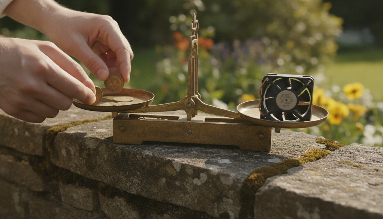 Hands place coins on one pan of an old brass scale, a miner fan sits on the other pan
