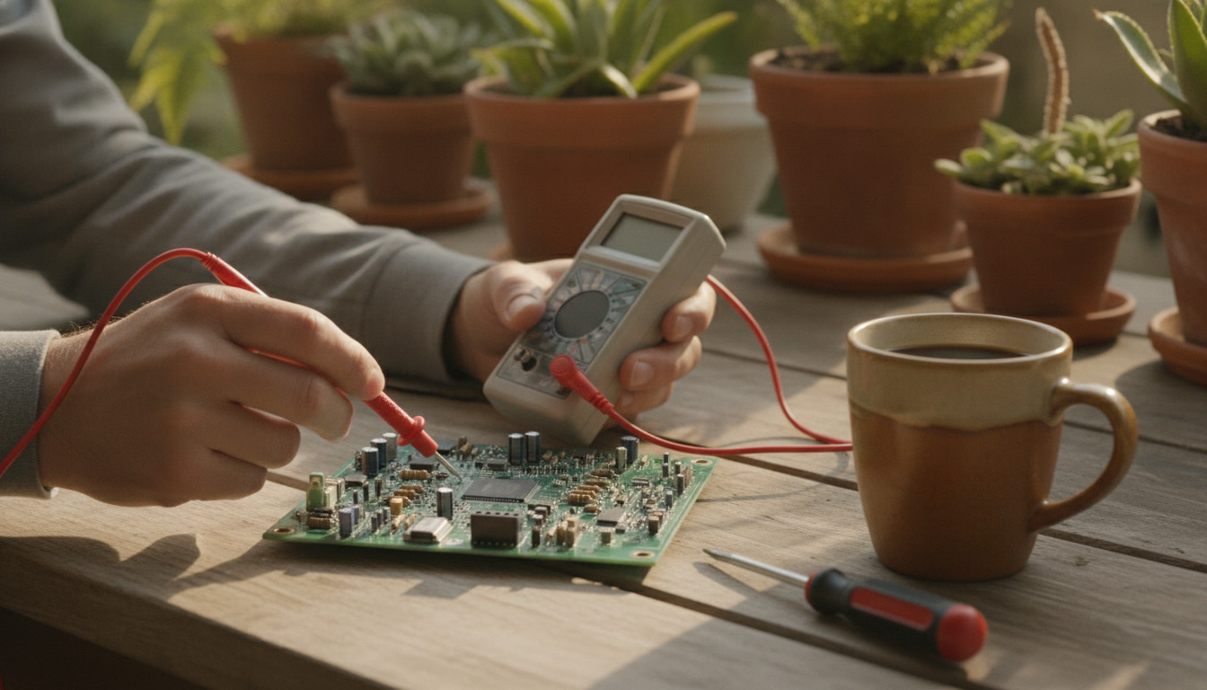 Checking a circuit board with a multimeter on a porch before buying