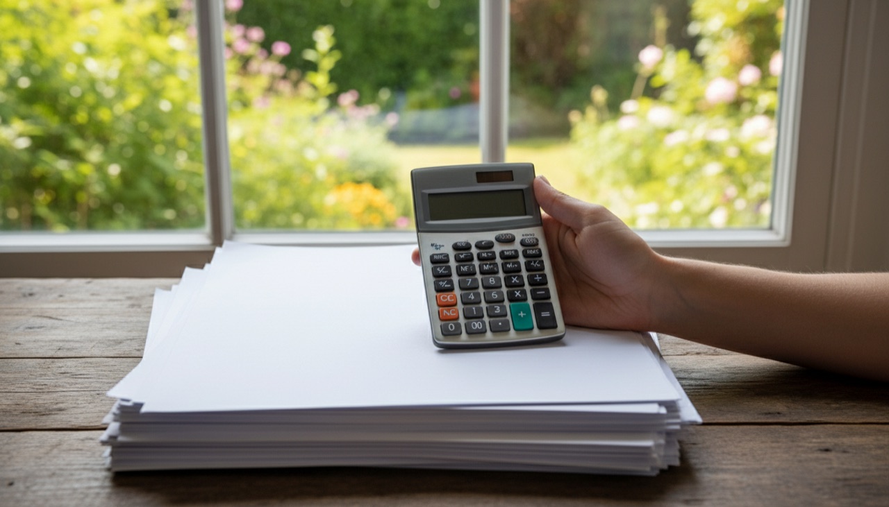A hand with a calculator and papers on a desk by a window, a sunny garden outside