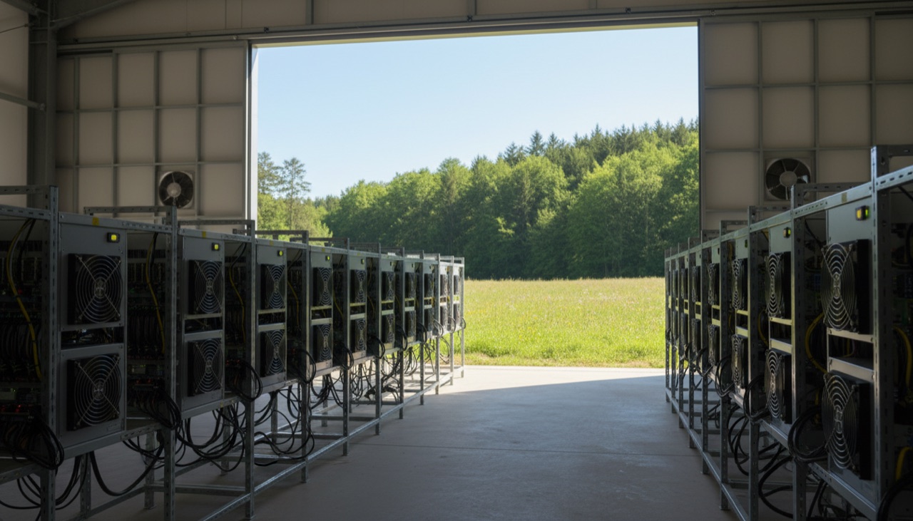 A row of ASIC miners in a light hangar with open doors
