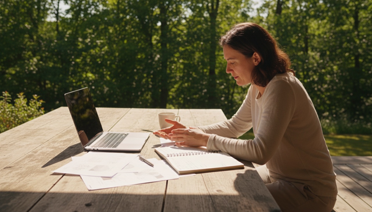 A person compares mining pool terms at a laptop on a sunny terrace