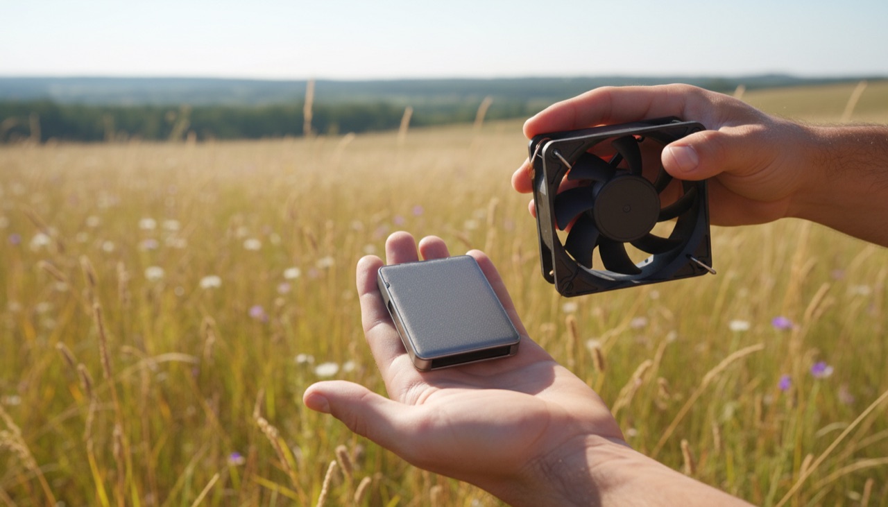 A hardware wallet and a miner fan held in hands in a meadow