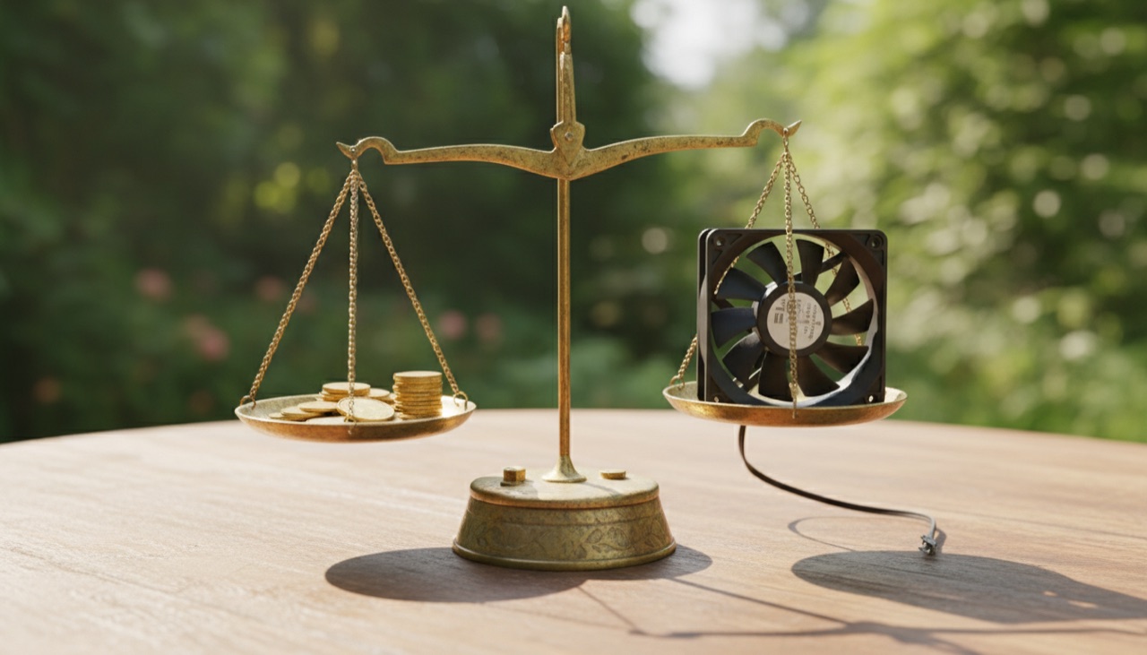 Brass scale with coins on one pan and a miner fan on the other