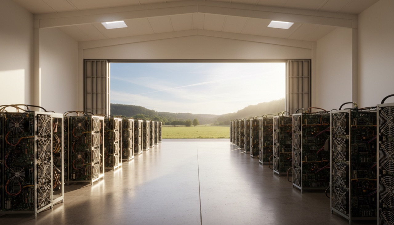 Rows of miners in a bright hangar with open doors to a green field