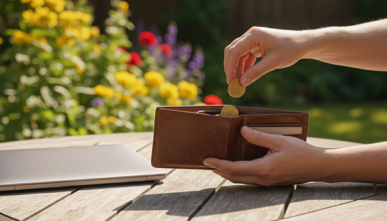Hands place coins into a leather wallet next to a laptop on a garden table