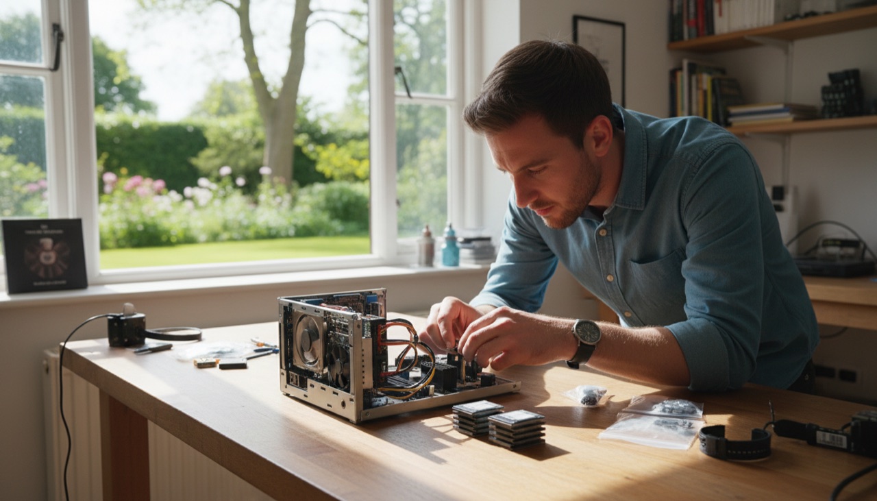 A man assembles a small home server for a full node at a desk by a window overlooking a garden