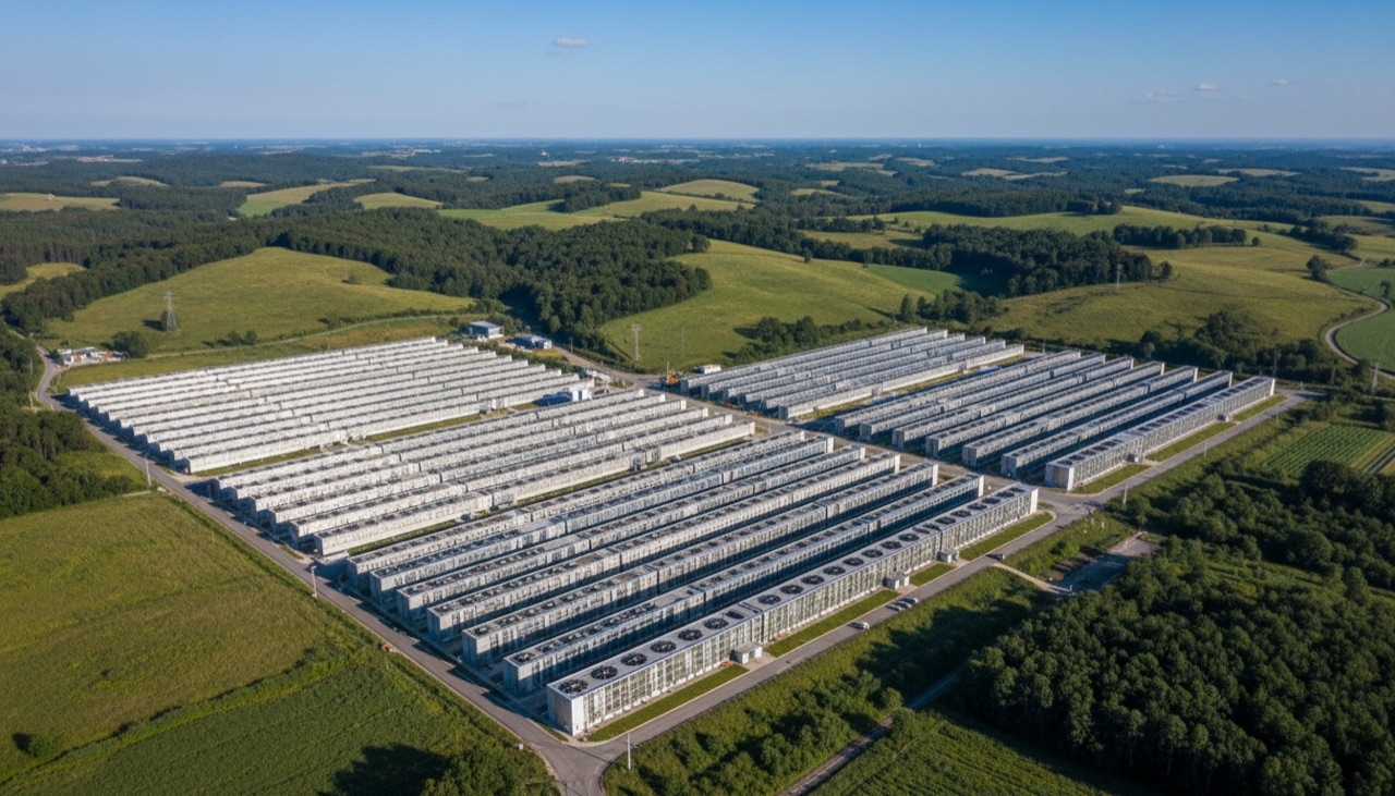 A large mining facility among green hills, aerial view