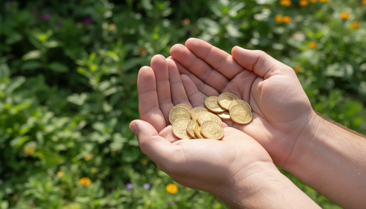 Open palms holding a few gold coins against a green garden