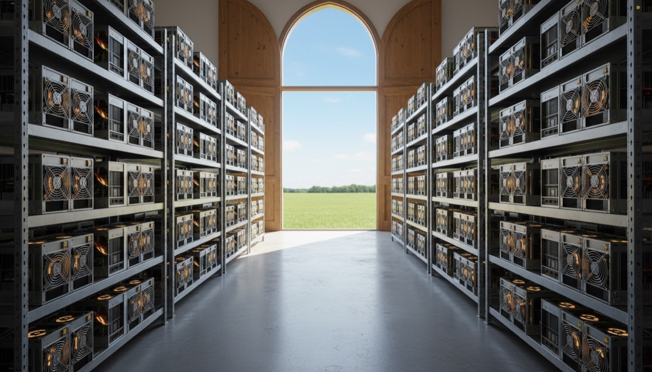A bright hall with racks of ASIC miners and open doors onto a green field