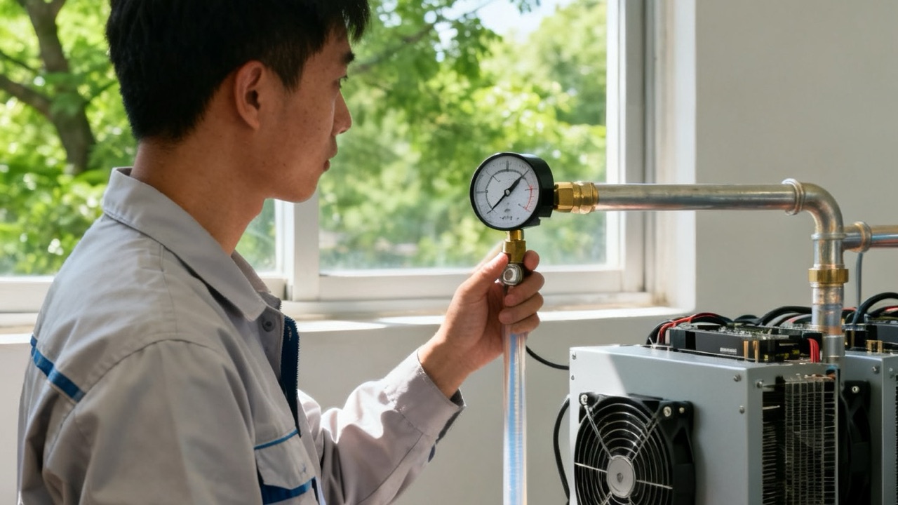 A technician checks a pressure gauge on the coolant loop pipe next to a hydro miner