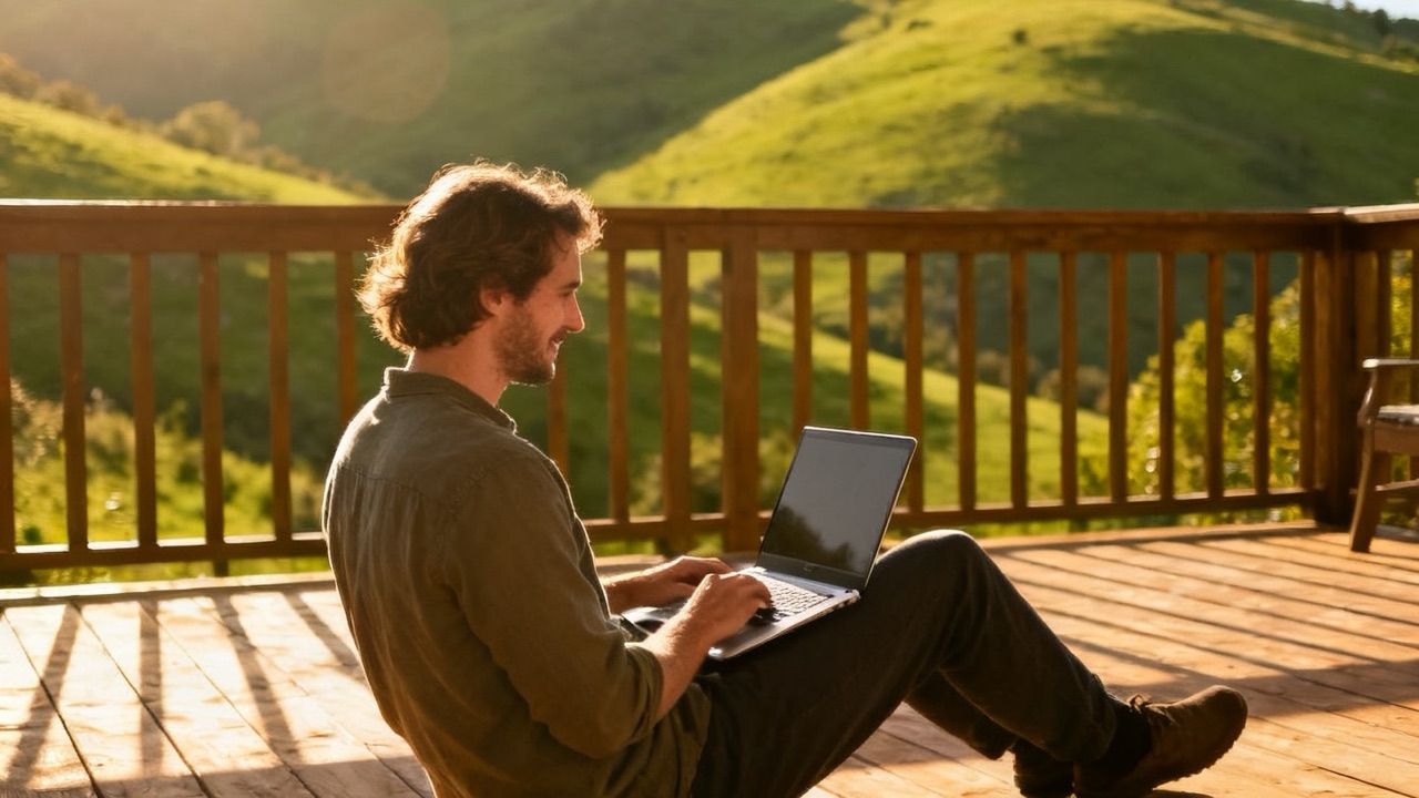 A person with a laptop on a sunny terrace with green hills behind