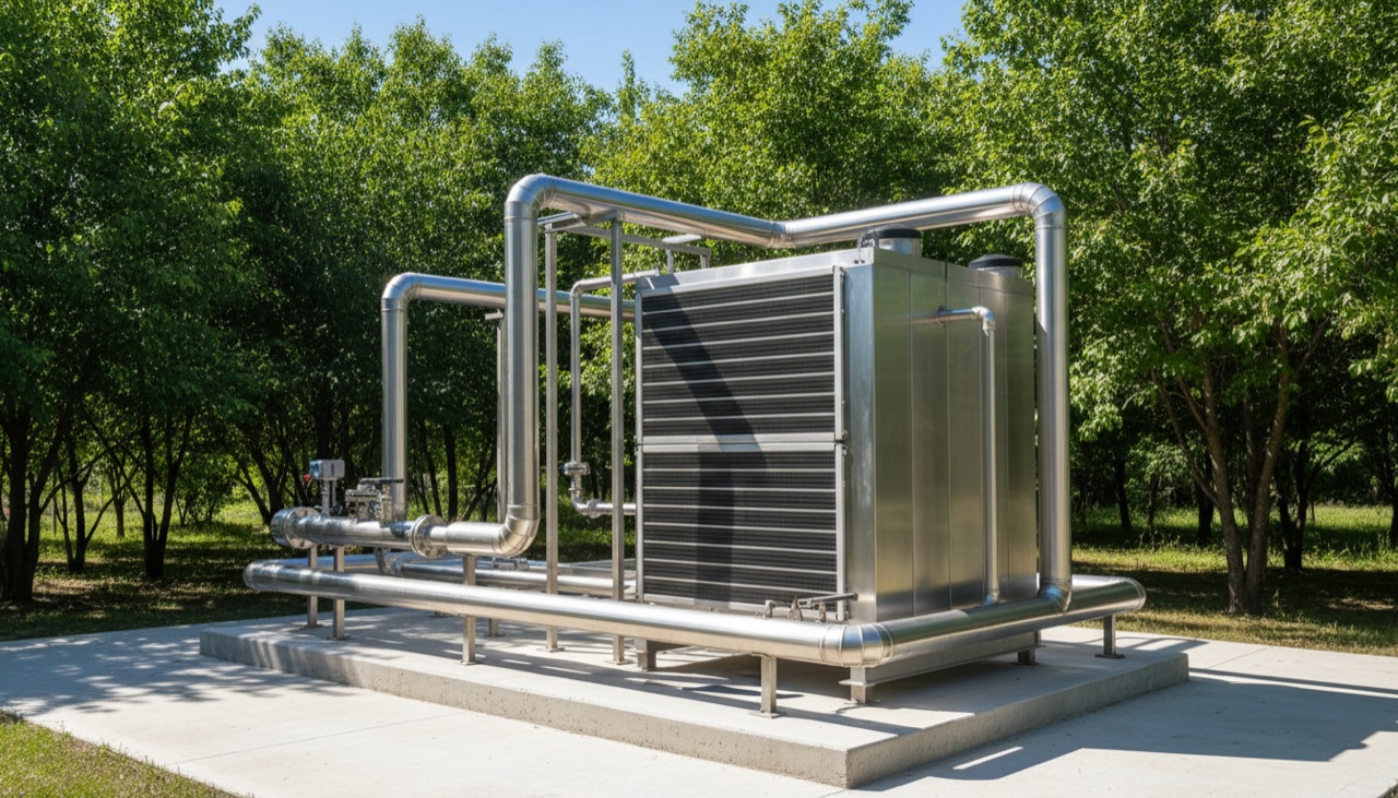 Pipes and a heat exchanger on a light outdoor pad among trees on a sunny day