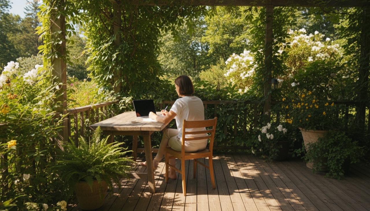 A person with a laptop and notebook at a table on a summer porch