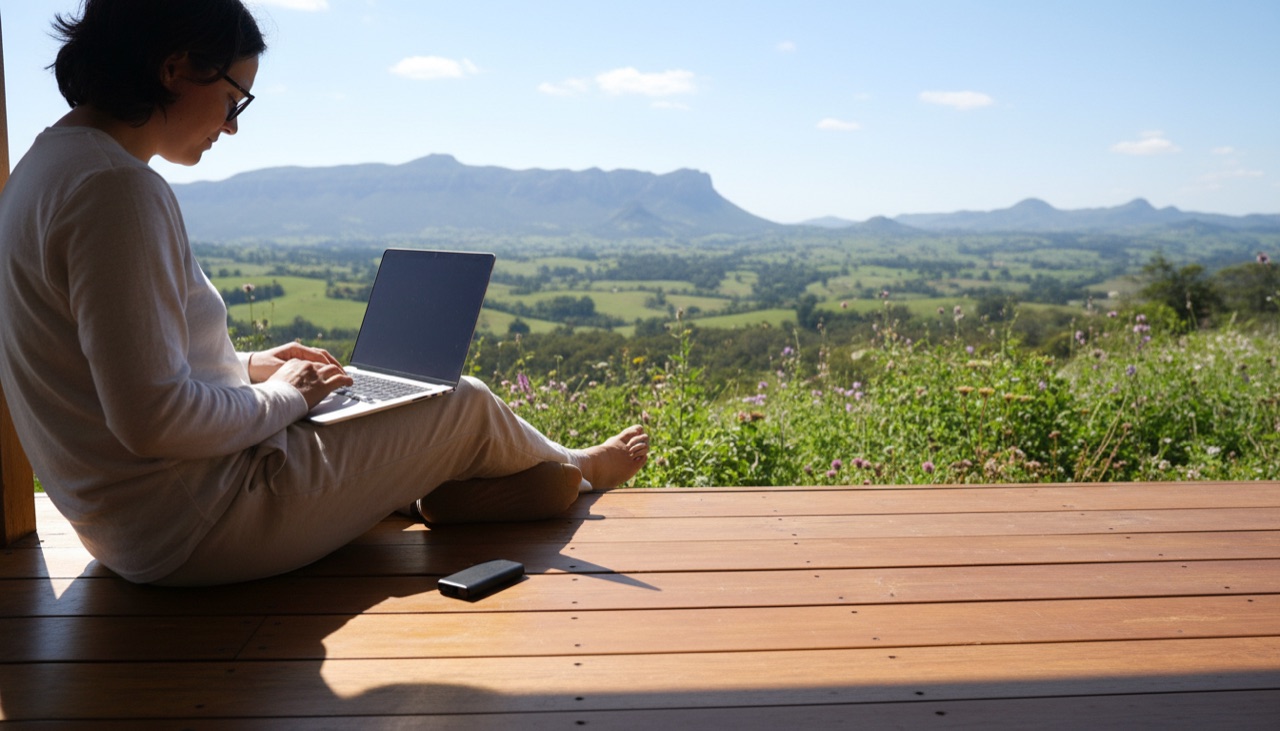 A person with a laptop and a hardware wallet on a sunny veranda, green hills behind