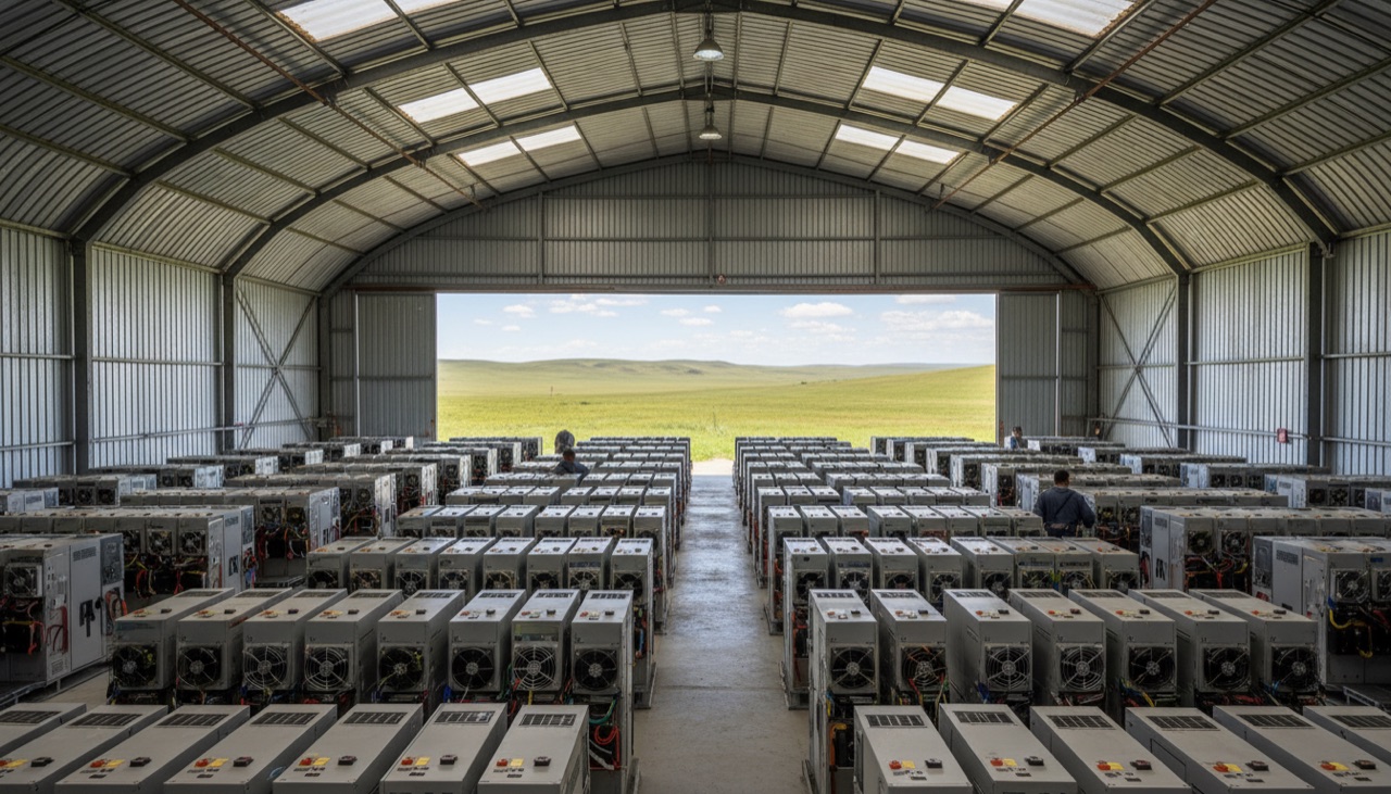 A bright hangar with rows of miners and open doors to a green steppe