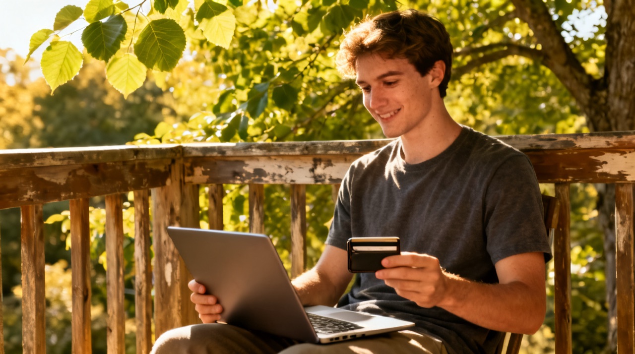 A young man with a laptop and a card wallet on a sunny porch surrounded by greenery