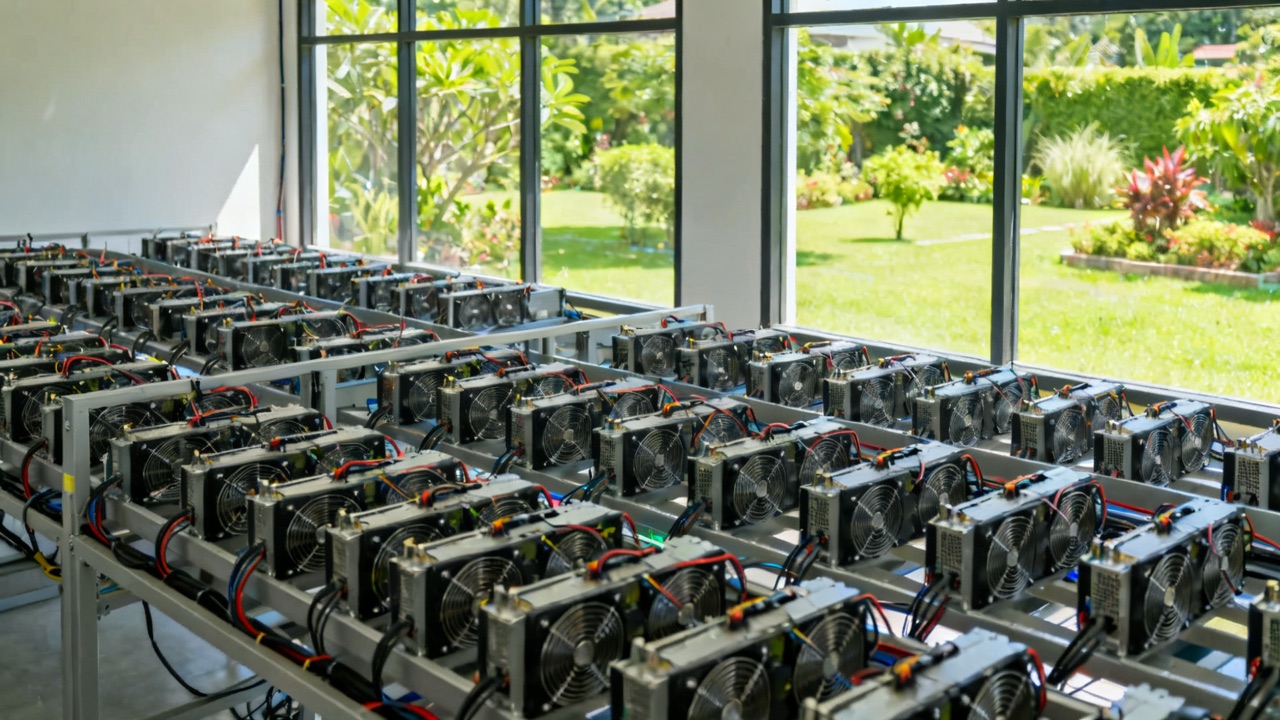 A bright hall with rows of ASIC miners and large windows onto a green garden