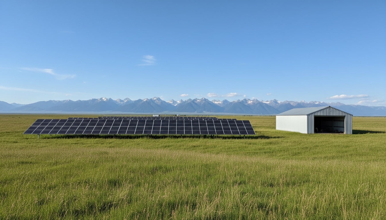 A row of solar panels on a green plain next to a small hangar, mountains in the distance