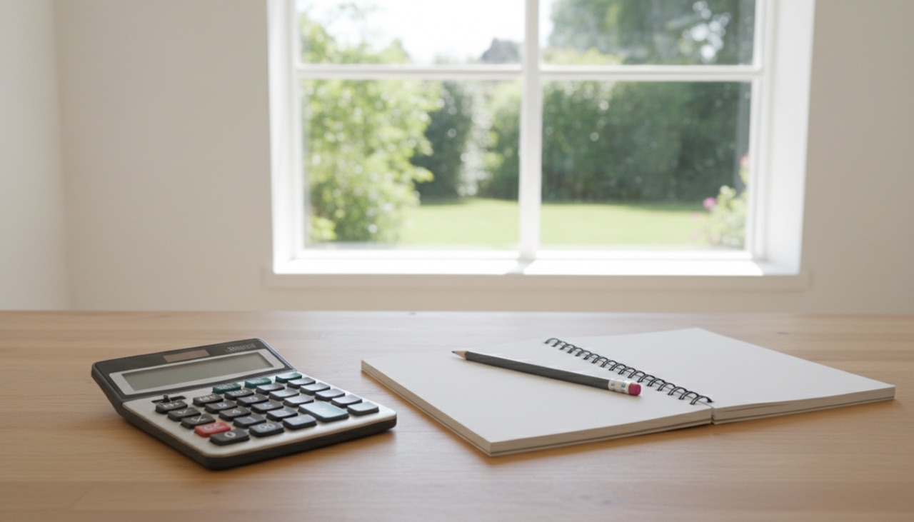 A calculator and an open notebook on a table by a window onto a garden