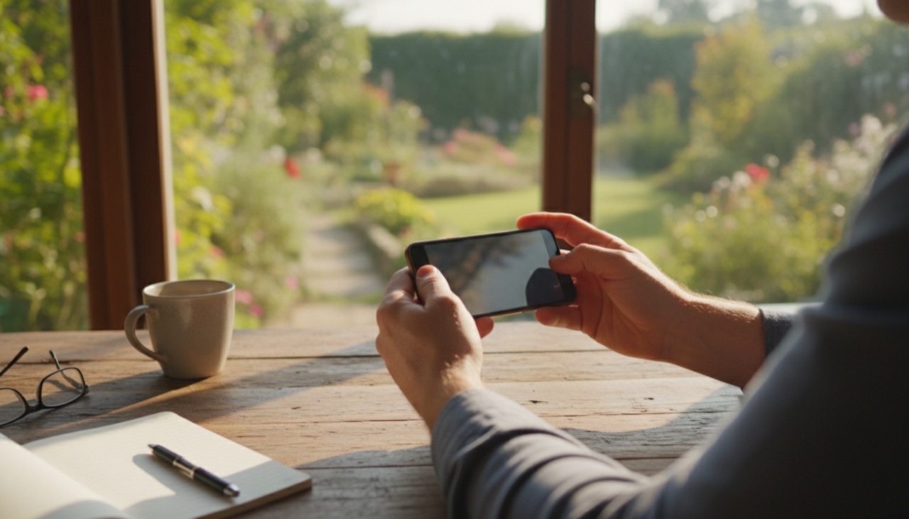 Hands holding a smartphone by a window with a garden view, a notebook and a cup nearby