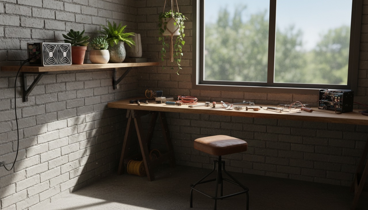 A workshop corner with a miner on a shelf next to houseplants