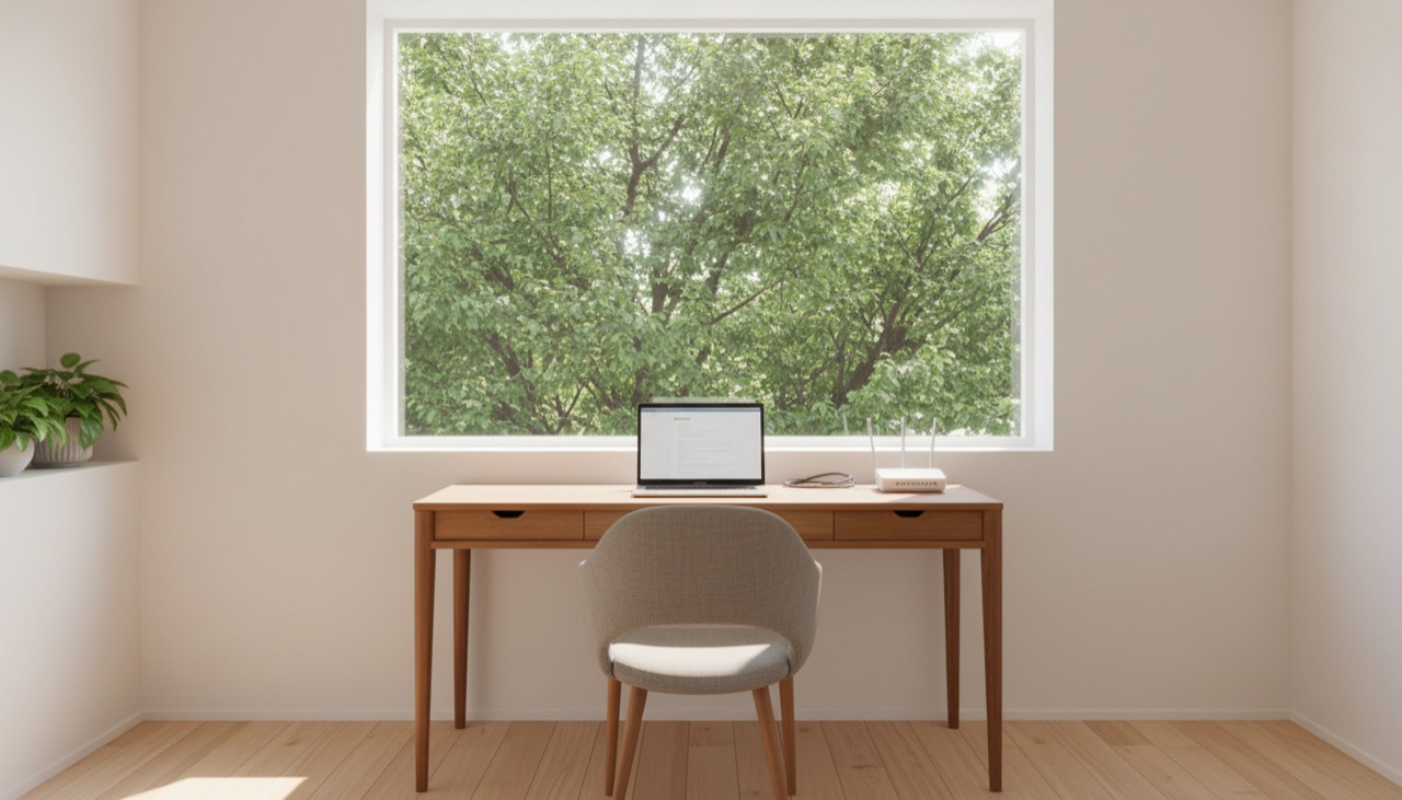 A laptop and a router on a desk by a large window with trees outside
