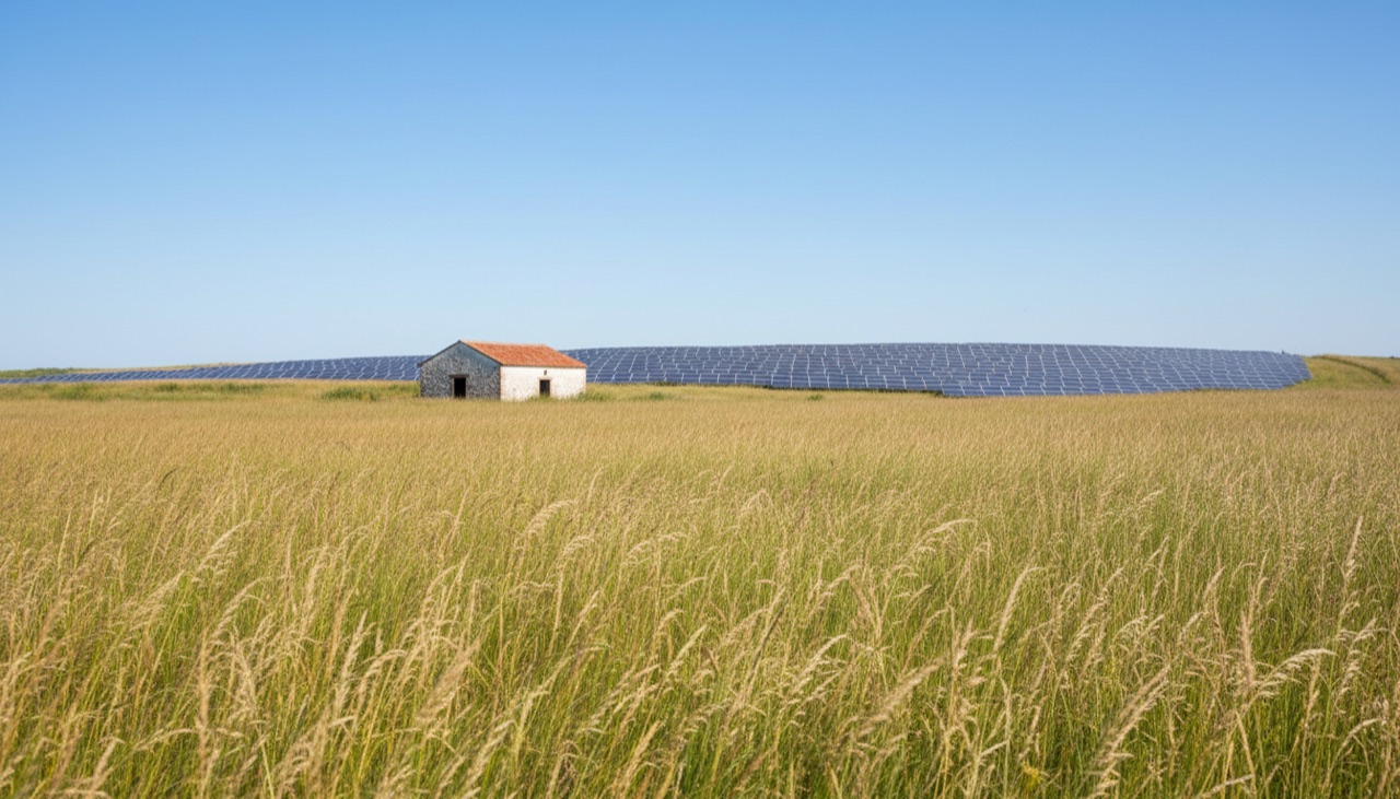 A small building in tall grass with solar panels on the horizon