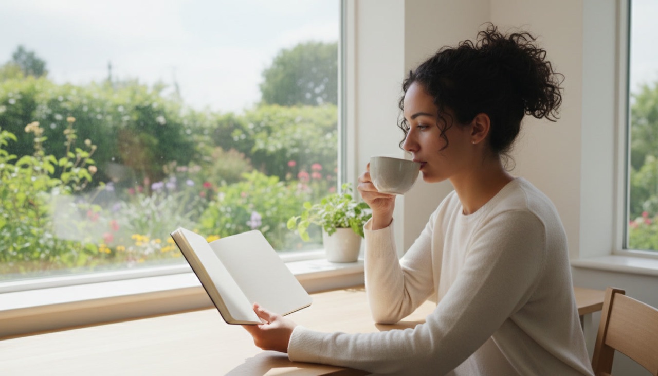 A woman reads a notebook with a cup of tea at a light desk by a window with a garden view